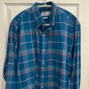 SOUTHERN TIDE Men Deep Water Blue Plaid SKIPJACK LOGO Trim Fit Shirt XL